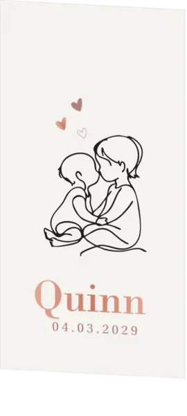 Lief geboortekaartje met lijntekening van zus met babybroertje of -zusje