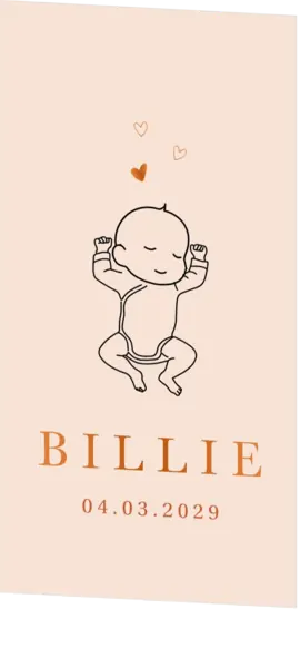 Lief minimalistisch geboortekaartje met slapende baby in koperfolie lijntekening