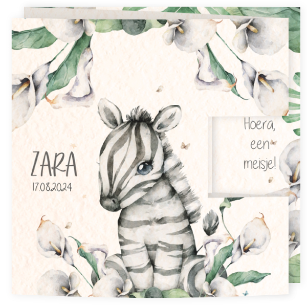 Geboortekaartje drieluik stans watercolor zebra botanisch