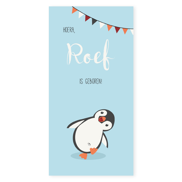 Geboortekaart langwerpig pinguin Roef blij