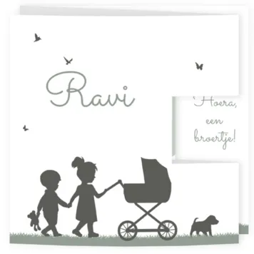 Geboortekaart silhouet grote zus en broer kinderwagen stans