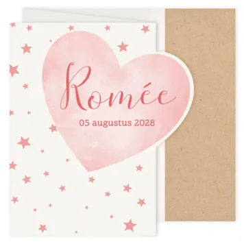 Geboortekaart roze hartje met sterren