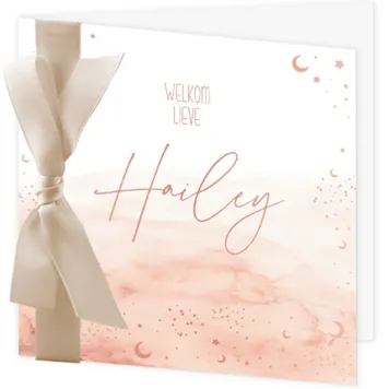 Geboortekaart Sterren en maantjes met beige lint