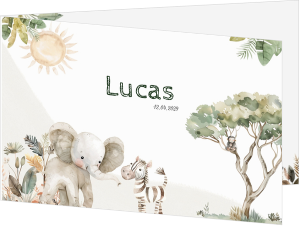 geboortekaart safari met olifant en zebra