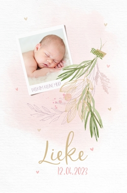 Geboortekaartje Lieke - Roze aquarel met eigen foto