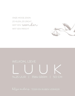 Geboortekaart Luuk - Handgetekende ooievaar