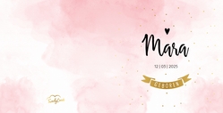 Trendy geboortekaartje met roze watercolor en goudfolie stippen