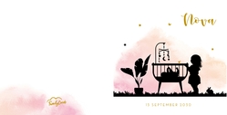 Lief roze geboortekaartje met silhouet van grote zus met wiegje