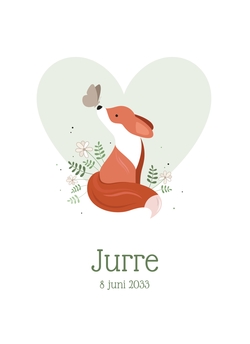 Lief geboortekaartje voor een jongen vosje en vlinder