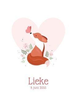 Lief geboortekaartje voor een meisje met vosje en vlinder 