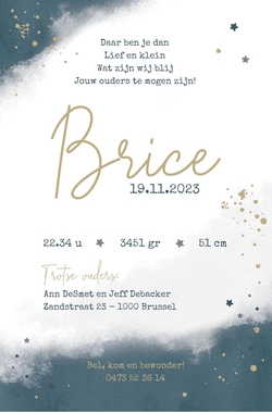 Geboortekaart Brice - Grijsblauw met spetters