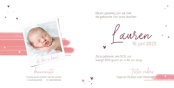 Geboortekaart Lauren - Dwarrelende hartjes en verfstrepen