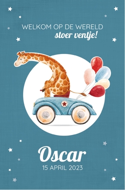 Geboortekaart Oscar - Giraf op vintage autootje