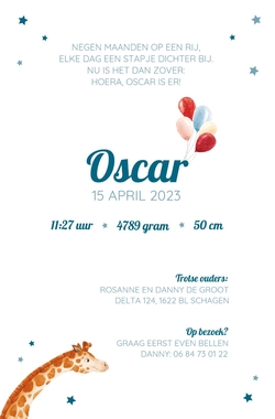 Geboortekaart Oscar - Giraf op vintage autootje