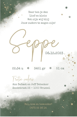 Geboortekaart Seppe - Olijfgroen met spetters