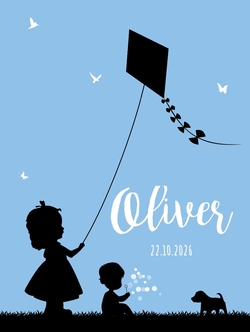 Poster 1 blauw met zwart jongen en meisje silhouet